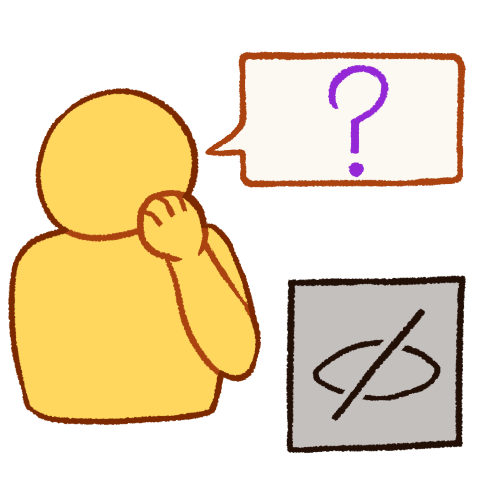 A drawing of a bust of an emoji yellow person with their hand on their chin, speaking a speech bubble containing a purple question mark. To their right is a gray box with a crossed-out eye symbol on it